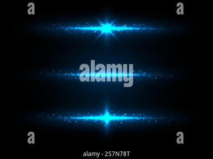 Set von blauen Beleuchtung glühend glänzend funkelnden mit Partikeln Glitter Staub auf dunklem Hintergrund. Vektorgrafik Stock Vektor