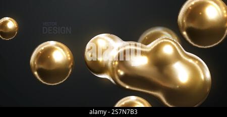 Goldene Metaball-Form. Morphing Metallic Blob. Vektor-3D-Illustration. Abstrakter 3D-Hintergrund mit fließenden Goldkugeln. Banner- oder Schilderdesign. Abstrakter 3D-Hintergrund mit fließenden Goldkugeln. Stock Vektor