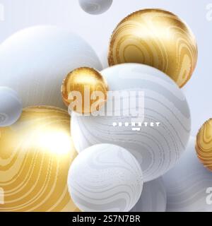 Abstrakter Hintergrund mit 3D-Marmorkugeln. Weiße und goldene Blasen. Vektor-Illustration von Kugeln strukturiert mit gewellter gestreifter Textur. Modernes Deckkonzept. Dekoelement für Bannerdesign. Abstrakter Hintergrund mit dynamischen 3D-Kugeln Stock Vektor