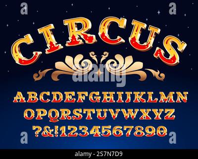 Vintage Zirkusschriftart. Viktorianischer Karneval mit Schlagzeilen. Schriftart Steampunk Alphabet Zeichen, antike Zirkusposter Schriftart oder Karneval abc Buchstaben und Zahlen Symbole Vektor Illustration. Vintage Zirkusschriftart. Viktorianischer Karneval mit Schlagzeilen. Schriftart Steampunk Alphabet Zeichen Vektor Illustration Stock Vektor