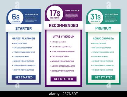 Vergleich von Tarifplänen. Empfohlene Tarife, Banner für Preislisten und Vorlage für Preisplan. Website Business Infografiken, Preisgrafik oder vergleichende Spalten Vektor-Illustration Set. Vergleich von Tarifplänen. Empfohlene Tarife, Preislistenbanner und Preisplan Vorlage Vektor Illustration Stock Vektor