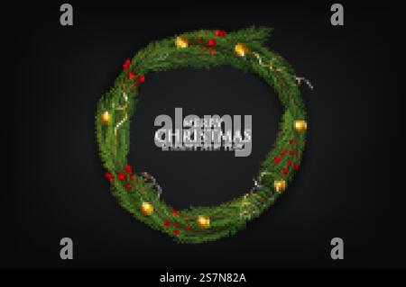 Weihnachtskranz aus naturalistisch aussehenden Pinienzweigen mit roten Beeren Stock Vektor