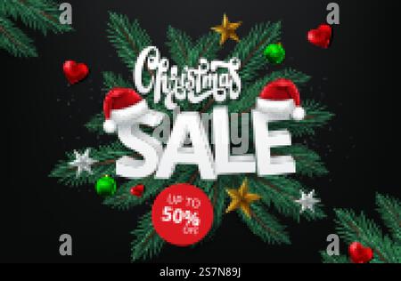 Werbebanner für Weihnachtsangebote mit Geschenken und bunten weihnachtselementen . Vektordarstellung. Stock Vektor