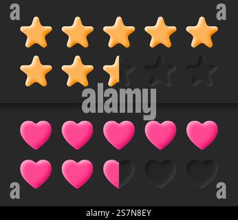 Game UI Neumorphe Elemente Sterne Leistung Rangskala und Life Health Bar Rating System Stock Vektor