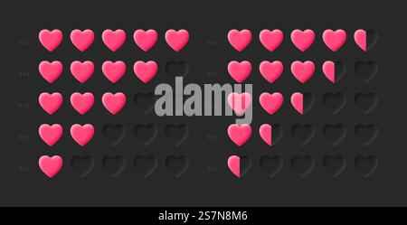 Neumorphe UI UX Designelemente 3D Vector Life Health Bar Rating System abgeflachte und geprägte Herzen Symbole auf dunkelgrauem Hintergrund Stock Vektor