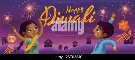 Fröhliches Diwali-Design mit Kindern, die traditionelle Laterne halten und ein Feuerwerk auf violettem Hintergrund genießen. Happy Diwali Design Stock Vektor