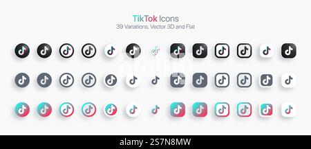 TikTok Icons Set Modern 3D und Flat in verschiedenen Variationen Stock Vektor