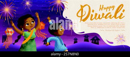 Fröhliches Diwali-Design mit Kindern, die traditionelle Laterne halten und ein Feuerwerk auf violettem Hintergrund genießen. Happy Diwali Design Stock Vektor