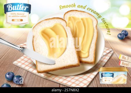 Glatte Butterwerbung auf Toast in 3D Illustration, Holztisch und Bokeh Natur Hintergrund. Werbung für glatte Butter Stock Vektor