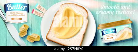 Cremige Butter-Banner-Werbung mit köstlichem Toast auf blauem Holztisch in 3D-Illustration, flache Lay-Perspektive. Werbebanner für cremige Butter Stock Vektor