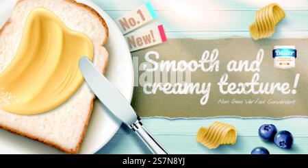 Cremige Butterwerbung mit köstlichem Toast auf blauem Holztisch in 3D-Illustration, flache Lay-Perspektive. Werbebanner für cremige Butter Stock Vektor