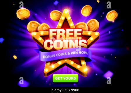 Kostenlose Münzen werden mit goldenen Münzen angezeigt, die von der Sternenleuchttafel für Werbung, glitzerndem lila Hintergrund und grünem Knopf fliegen. Kostenlose Coins Popup-Anzeigen Stock Vektor