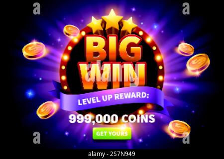 Pop-up-Anzeigen mit goldenen Münzen, die von der runden Leuchttafel aus dem Festzelt für Werbung, glitzerndem lila Hintergrund und grünem Knopf fliegen. Pop-up-Anzeigen mit Münzen für große Gewinne Stock Vektor