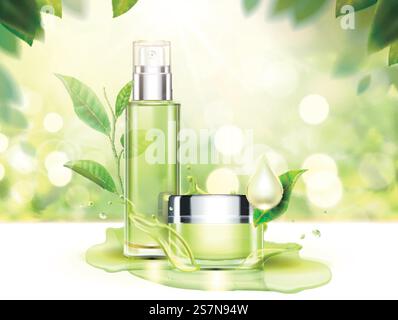 Grüne Tee-Hautpflege-Anzeigen mit Cremeglas und Sprühflasche in 3D-Illustration, glitzerndem Bokeh-Hintergrund. Werbung für Hautpflege für grünen Tee Stock Vektor