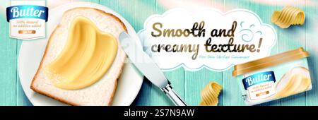 Cremige Butter-Banner-Werbung mit köstlichem Toast auf blauem Holztisch in 3D-Illustration, flache Lay-Perspektive. Werbebanner für cremige Butter Stock Vektor
