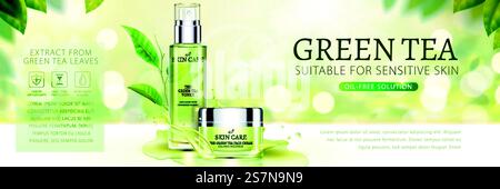 Grüner Tee Hautpflege Banner Anzeigen mit Tee Garten Hintergrund in 3D Illustration. Werbebanner für die Hautpflege von grünem Tee Stock Vektor