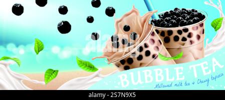 Bubble Tee Banner Anzeigen mit fliegenden Tapioka und Milch auf glitzerndem Ozean Hintergrund in 3D Illustration. Werbebanner für Bubble-Tee Stock Vektor