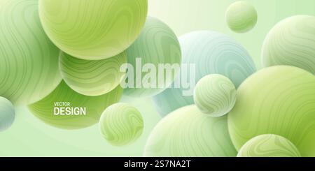 Abstrakter Hintergrund mit mintgrünen 3D-Kugeln. Marmorierte Blasen. Vektor-Illustration von Kugeln strukturiert mit gewelltem Streifenmuster. Modernes Deckkonzept. Dekoelement für Bannerdesign. Abstrakter Hintergrund mit mintgrünen 3D-Kugeln. Stock Vektor