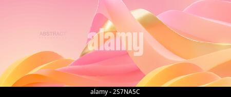 Abstrakter Hintergrund mit futuristischer kurviger Landschaft. Vektor-3D-Illustration. Zarte rosa, orange und goldene Wellenformen. Wellige Entlastung. Architektonische Abstraktion. Minimales Dekor für das Cover Design. Abstrakter Hintergrund mit futuristischer kurviger Landschaft Stock Vektor