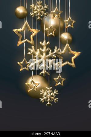 Glitzernde goldene Schneeflocken, weihnachtskugeln und Sterne auf schwarzem Hintergrund. Vektor-3D-Illustration des glühenden hängenden Cristmas-Ornaments. Neujahrscover oder Bannervorlage. Winterurlaub Dekoration... Dekoration für Winterferien. Stock Vektor