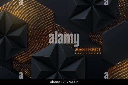 Abstrakte geometrische Hintergründe, sechseckige schwarze Formen und goldene Wellenmuster und Glitzer Stock Vektor