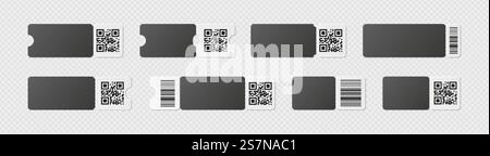 Leeres Ticket-Template-Modell mit Barcode. Realistischer Rabattgutschein mit qr-Code und geraffter Kante. Leeres Lottopapier, Film, Museum, Einlass. Vektor-Illustration von Ripped Ticket Design. Leeres Schwarzweiß-Ticket-Template-Modell mit Barcode. Realistischer Rabattgutschein mit qr-Code und geraffter Kante. Leeres Lottopapier, Film, Museum, Einlass. Vektorabbildung Stock Vektor