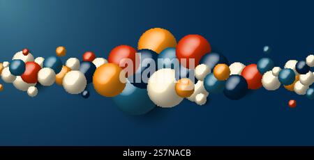 3D realistische viele geometrische Kugeln dynamische Formen auf blauem Hintergrund. Modernes Cover Banner Vorlage Kugeln oder Partikel Design. Vektorgrafik Stock Vektor