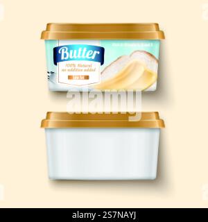 3D-Abbildung: Behälter mit Butteraufstrich auf hellgelbem Hintergrund. Behälter mit Butteraufstrich Stock Vektor