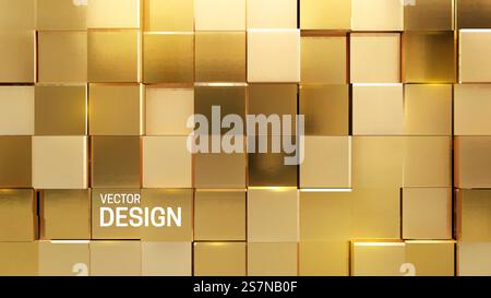 Luxuriöser goldener Hintergrund. Goldene Mosaikdekoration. Kubischer Hintergrund. Geometrische Vektordarstellung. Glänzende quadratische Formen. Architektonische Abstraktion. Innenraumkonzept... Luxuriöser goldener Mosaikhintergrund Stock Vektor