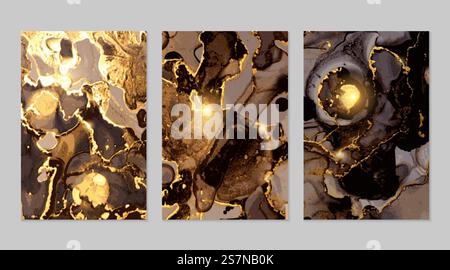Set aus abstrakten Mustern aus schwarzem und goldenem Marmor. Alkoholtinte Technik Steintextur. Vektorhintergrund. Moderne Farbe mit Glitzer. Banner, Poster Designvorlage... Set aus abstrakten Mustern aus schwarzem und goldenem Marmor. Alkoholtinte-Technik Stock Vektor