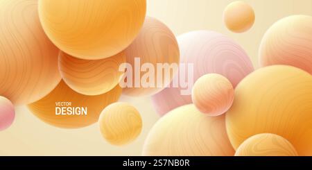 Abstrakter Hintergrund mit 3D-Marmorkugeln. Orangefarbene, weiche Luftblasen. Vektor-Illustration von Kugeln strukturiert mit gewelltem Streifenmuster. Modernes Deckkonzept. Dekoelement für Bannerdesign. Abstrakter Hintergrund mit dynamischen 3D-Kugeln Stock Vektor