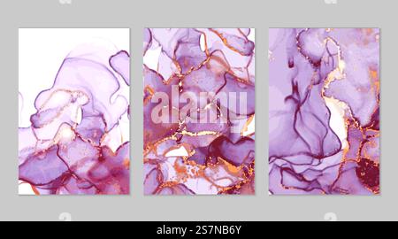 Abstrakte Hintergründe aus violettem und goldenem Marmor in der Alkoholtinte-Technik. Satz von Vektorsteintexturen. Moderne Farbe mit Glitzer. Vorlage für Banner, Posterdesign. Fließende Kunstmalerei. Abstrakte Hintergründe aus violettem und goldenem Marmor in der Alkoholtinte-Technik Stock Vektor