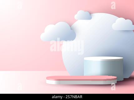 3D realistische abstrakte Minimalszene leeres Podium mit Wolkenpapier auf weichem rosa Hintergrund. Design für Produktpräsentation, Modell usw. Vektorabbildung Stock Vektor