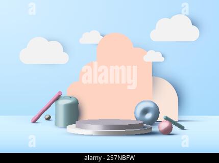 3D realistische abstrakte geometrische Formen minimaler Szene und leeres Podium mit Wolke auf blauem Himmel Hintergrund. Design für Produktpräsentation, Modell usw. Vektorabbildung Stock Vektor