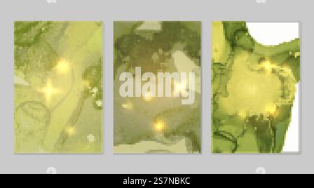 Marmorset aus hellgrünen und goldenen abstrakten Hintergründen mit Glitzer in Alkoholtinte Technik. Marmorset mit goldenen und grünen Hintergründen mit Textur Stock Vektor
