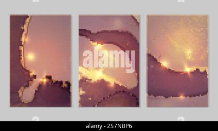 Marmorset mit goldenen, lila und malvenfarbenen Hintergründen mit Textur. Geodenmuster mit Glitzer. Abstrakte Vektorhintergründe in der Fluidkunstalkoholtinte. Moderne Farbe mit Glitzern für Banner, Poster. Marmorset mit goldenen, lila und malvenfarbenen Hintergründen mit Textur Stock Vektor