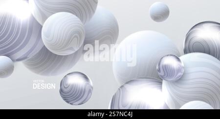 Abstrakter Hintergrund mit 3D-Marmorkugeln. Weiße und silberne Blasen. Vektor-Illustration von Kugeln strukturiert mit gewellter gestreifter Textur. Modernes Deckkonzept. Dekoelement für Bannerdesign. Abstrakter Hintergrund mit dynamischen 3D-Kugeln Stock Vektor