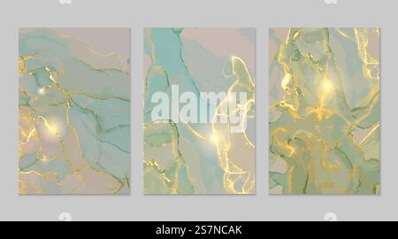 Abstrakte Hintergründe aus mintfarbenem, grauem, goldenem Marmor. Satz von Alkohol Tinte Technik Vektor Stein Texturen. Moderne Farbe in natürlichen Farben mit Glitzer. Vorlage für Banner, Posterdesign. Fließende Kunstmalerei. Abstrakte Hintergründe aus mintfarbenem, grauem, goldenem Marmor Stock Vektor