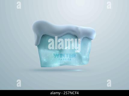 Eisblock-Banner mit Schneekappe. Vektor-3D-Illustration. Dekoelement für den Winter. Saisonales Verkaufsschild. Eisrisse. Feiertagsetikett . Platz für Text. Eisblock-Banner mit Schneekappe Stock Vektor