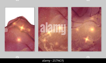 Marmorset mit Gold- und burgunderroten Hintergründen mit Textur. Geodenmuster mit Glitzer. Abstrakte Vektorhintergründe in der Fluidkunstalkoholtinte. Moderne Farbe mit Glitzern für Banner, Poster. Marmorset mit Gold- und burgunderroten Hintergründen mit Textur Stock Vektor