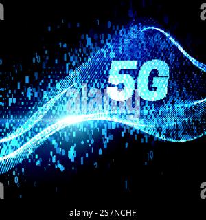 5G-Technologie-Schild mit leuchtendem, virtuellem Datenstrom Stock Vektor