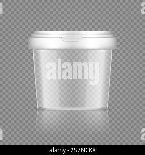Leeren Sie den transparenten Eimer mit Verschlusskappe für Eis, Joghurt, Mayonnaise, Farbe oder Spachtelbehälter. Kunststoffgehäuse. Leere Produktvorlage für Lebensmittel oder Dekor. 3D-Vektordarstellung. Leeren Sie den transparenten Eimer mit Verschlusskappe für Eis, Joghurt, Mayonnaise, Farbe oder Spachtelbehälter Stock Vektor