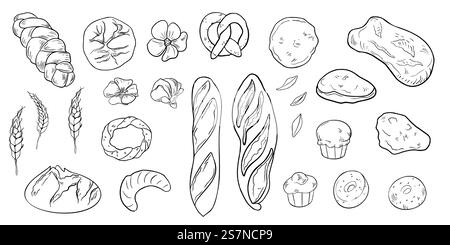 Verschiedene Brot- und Backwaren handgezeichnet schwarz-weiß Vektor Illustrationen isoliert. Baguette, Croissant, Roggenbrot, Muffins, Weizenohr, und Stock Vektor