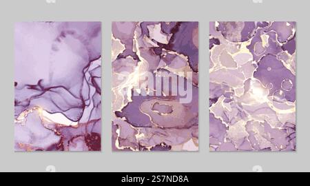 Abstrakte Hintergründe aus violettem und goldenem Marmor in der Alkoholtinte-Technik. Satz von Vektorsteintexturen. Moderne Farbe mit Glitzer. Vorlage für Banner, Posterdesign. Fließende Kunstmalerei. Abstrakte Hintergründe aus violettem und goldenem Marmor in der Alkoholtinte-Technik Stock Vektor