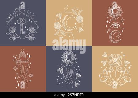Sammlung mystischer und mysteriöser Logoobjekte. Minimalistische magische Strichgrafiken im Trend-Stil. Abstrakte mystische Boho-Vektordarstellung Stock Vektor