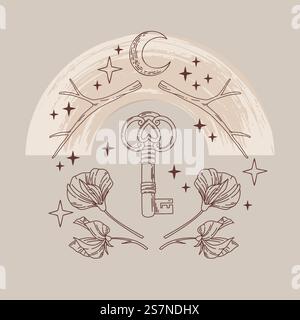 Vektordarstellung mystischer und esoterischer Logos in einem trendigen minimalistischen lineart-Stil. Vektorzeichen im Bo-Ho-Stil - Mond, Schlüssel und Blumen Stock Vektor