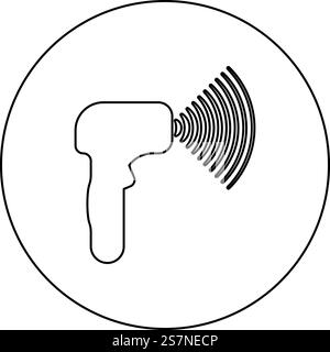 Emitter von Wellen Elektronenpistole manuelles Thermometer Stirn Infrarotgerät zum Messen der Temperatur berührungslos kontaktlos digitales Symbol im Kreis rund schwarz Farbe Vektor Illustration Bild Umriss Kontur Linie dünne Art einfach. Emitter von Wellen Elektronenpistole manuelles Thermometer Stirn Infrarotgerät zum Messen der Temperatur berührungslos kontaktloses digitales Symbol im Kreis rund schwarz Farbe Vektor Illustration Bild Umriss Kontur Linie dünne Art Stock Vektor