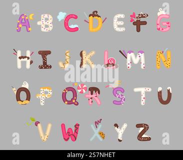 Buntes Schriftdesign mit Dessertelementen. Süße Alphabetbuchstaben, Dessert Food Typografie Sammlung, Vektor-Illustration. Werbeplakat für Bäckerei. Buntes Schriftdesign mit Dessertelementen Stock Vektor