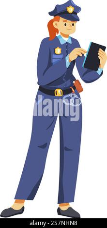 Polizistin in Uniform mit Abzeichen, die auf den Gadget-Bildschirm blickt, isolierte weibliche Figur mit Handschellen und Waffen. Polizist im Dienst, weibliche Persönlichkeit mit Tablet. Vektor in abgewickelter Form. Detective oder Offizier, der sich Bildschirmgeräte ansieht Stock Vektor