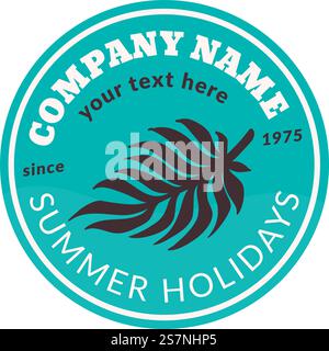 Reisebüro, Organisation, die Touren und Reisen, Urlaubs- und Wochenendplaner organisiert. Name und Logo, Kopierraum und Palmblatt. Etikett oder Emblem, Werbelogo. Vektor in abgewickelter Form. Firmenname auf Reisebüro-Logo, Vektor Stock Vektor